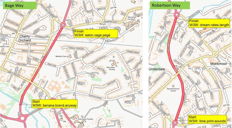 Maps showing the stretches of Bage Way and Robertson Way that will be closed for surface dressing.