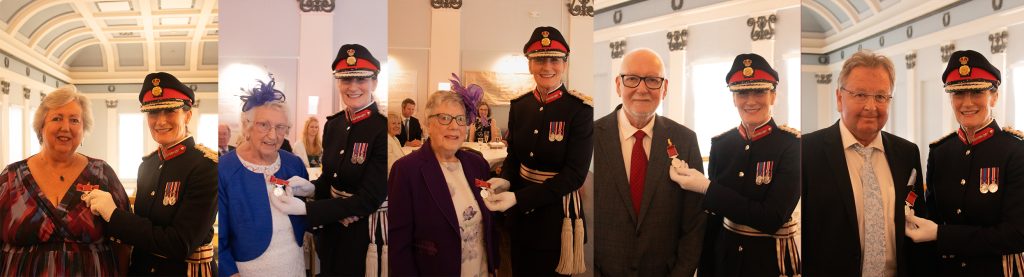 Pictured l-to-r: The recipients Kathleen Kynaston, Mabel Finnigan, Olive Arnold, Richard Fowler and Paul Rushworth displaying their newly bestowed British Empire Medals, with Anna Turner, Lord Lieutenant of Shropshire. at Shrewsbury Museum and Art Gallery.