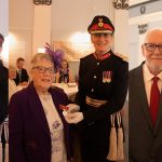 Pictured l-to-r: The recipients Kathleen Kynaston, Mabel Finnigan, Olive Arnold, Richard Fowler and Paul Rushworth displaying their newly bestowed British Empire Medals, with Anna Turner, Lord Lieutenant of Shropshire. at Shrewsbury Museum and Art Gallery.