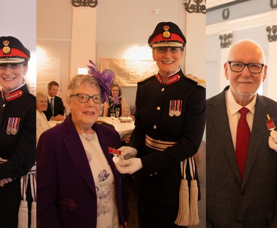 Pictured l-to-r: The recipients Kathleen Kynaston, Mabel Finnigan, Olive Arnold, Richard Fowler and Paul Rushworth displaying their newly bestowed British Empire Medals, with Anna Turner, Lord Lieutenant of Shropshire. at Shrewsbury Museum and Art Gallery.