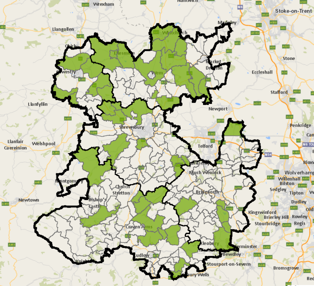 Map of parishes across Shropshire who’ve taken part in local housing surveys
