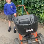 Spready Mercury, the Castlefields Primary salt spreader – with Hugo who picked the winning name