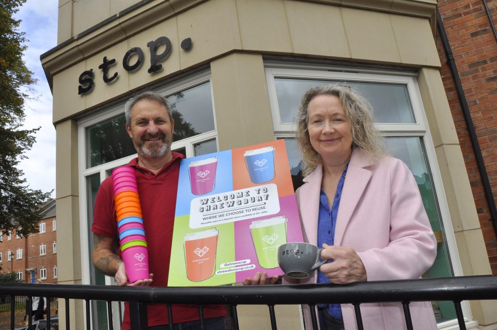 Ian Nellins, Shropshire Council's Cabinet member for climate change, environment and transport, with Cool Shropshire member Nicola Dalton outside her coffee shop Stop. in St Julian's Friars, Shrewsbury