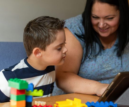 A smiling woman shows something to a young boy leaning interestedly towards a screen. There are some toys on the desk in the foreground.