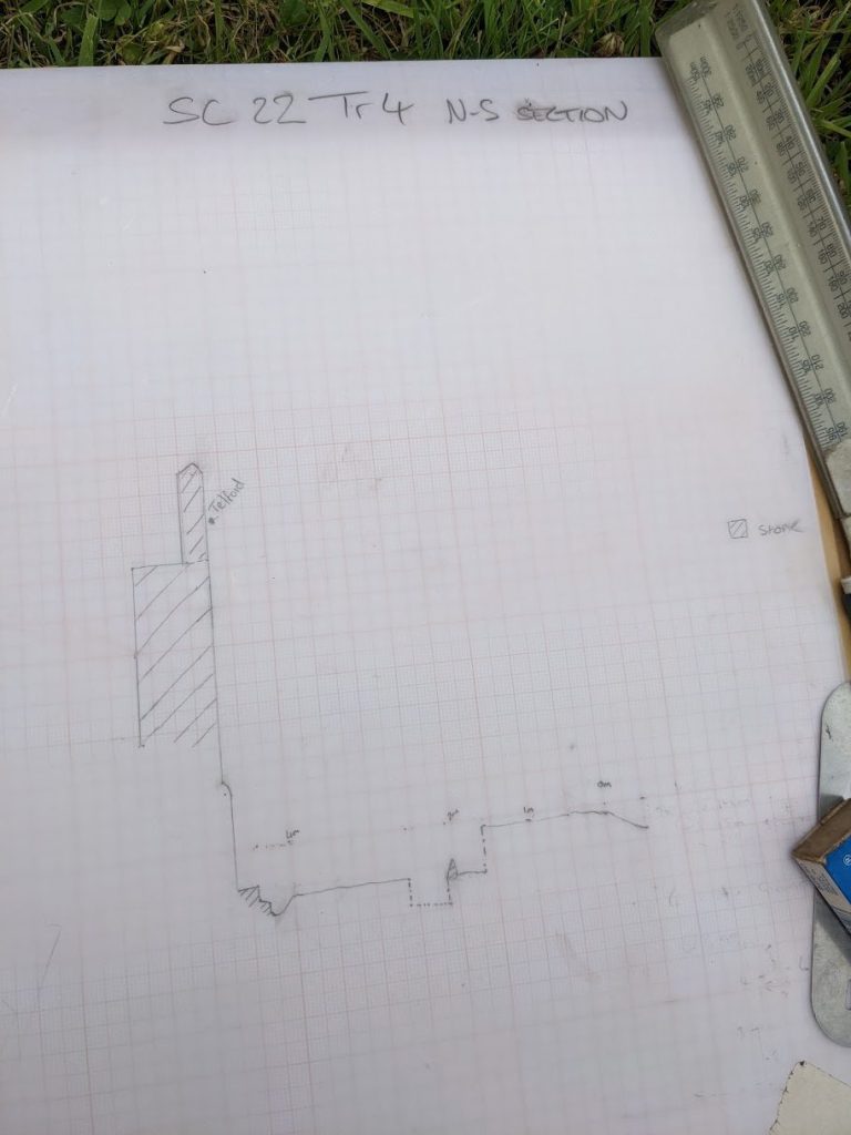 Working draft of a profile plan of the trench and footings of the curtain wall by Beatrice Harmer 1:50