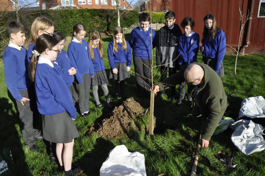 John Blessington and pupils with the cherry tree
