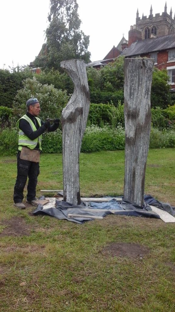 Nick Eames, artist, putting the final touches to abstract sculpture of Eglantyne Jebb and her sister Dorothy in the Jebb Garden alongside The Mere in Ellesmere two years ago.