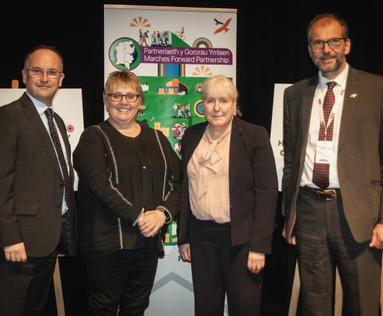 l-to-r:  Jonathan Lester, Leader of Herefordshire Council; Lezley Picton, Leader of Shropshire Council; Mary Ann Brocklesby, Leader of Monmouthshire County Council;  and James Gibson-Watt, Leader of Powys County Council.