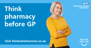 Think pharmacy before GP - woman in yellow top with arms crossed and smiling 