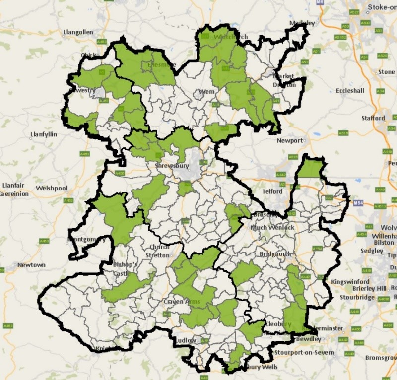 Map of parishes across Shropshire who've taken part in local housing surveys