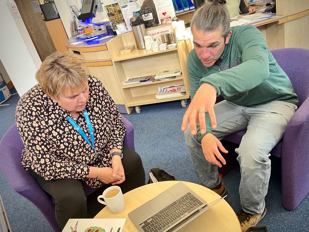 Lezley Picton in discussion with a resident at Meet The Leader in Cleobury Mortimer in May 2023