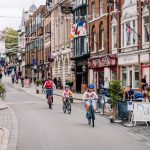 People on bikes in a traffic-free Shrewsbury town centre