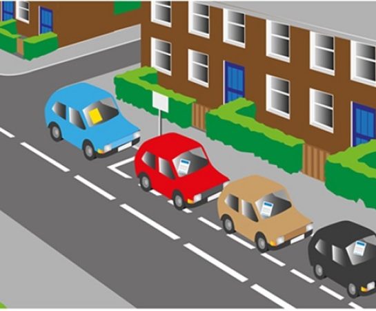 An illustration of some cars parked on the side of the road outside some houses