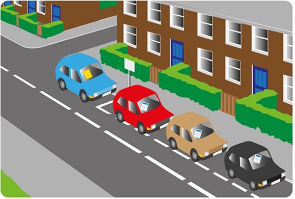 An illustration of some cars parked on the side of the road outside some houses