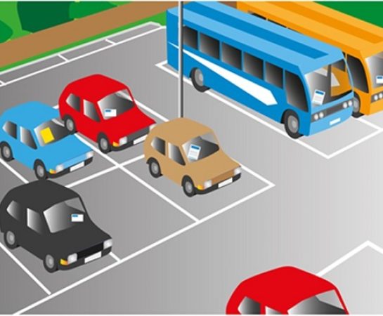 An illlustration of some cars and buses parked in a car park