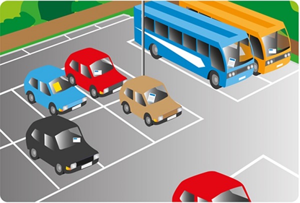 An illlustration of some cars and buses parked in a car park