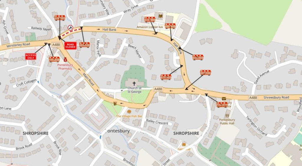 Map of Pontesbury showing the closure points