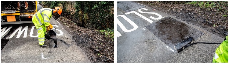 Two photos showing a pothole being repaired