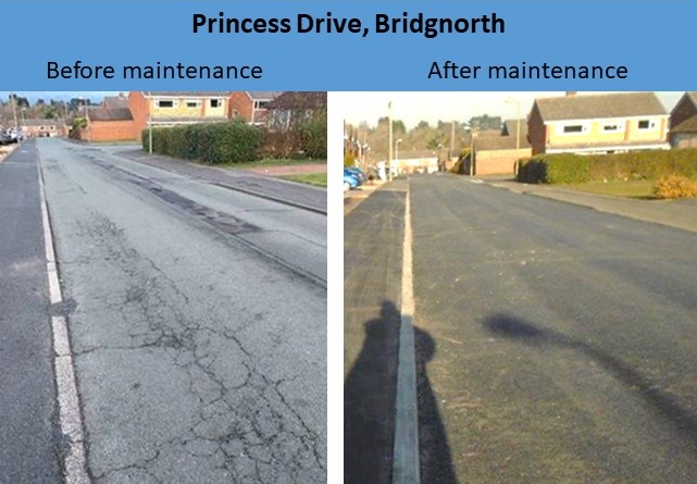 Photos of Princess Drive in Bridgnorth before and after maintenance work