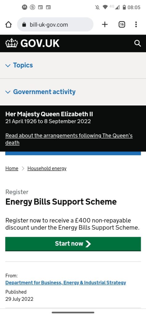 Scam message: energy bills support