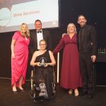 Shire Services win a marketing award. l-to-r: Lauren Moore, Shire Services catering area manager; Jon White, Wafflemeister - sponsors of the award; Susan Vuli, Shire Services general manager; Kelly Braddock, Shire Services catering contract manager; Collin Murray, TV and radio presenter.