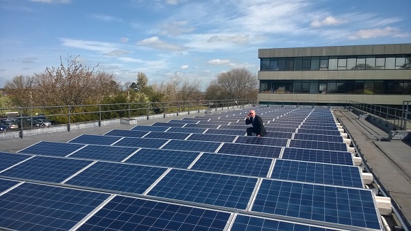 An image of the solar panels on Shirehall, the HQ of Shropshire Council who declared a climate emergency in 2019.