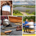 collage of images: an old helmet, Shrewsbury Castle, The Mere, kids playing