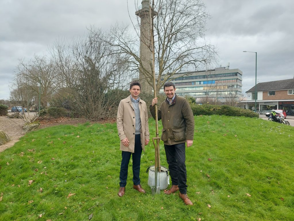 (l-to-r) Andy Wilde, Shropshire Council's head of highways; Dean Carroll, Shropshire Council's Cabinet member for physical infrastructure, at the treeplanting at Column roundabout in Shrewsbury